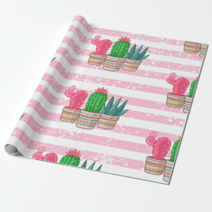 handgezeichneter Kaktus mit Streifen-Hintergrund Geschenkpapier