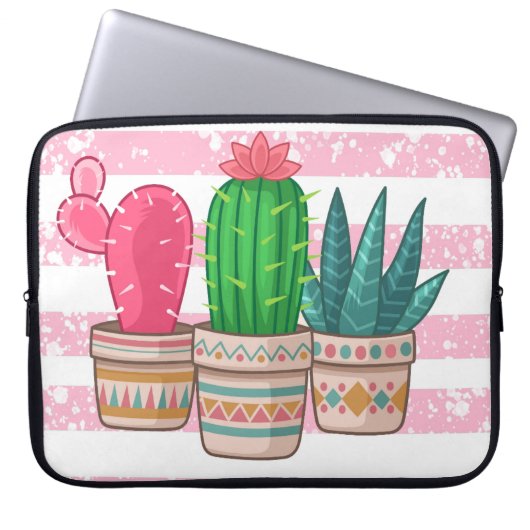 handgezeichneter Kaktus mit Streifen-Hintergrund Laptopschutzhülle (Vorderseite)