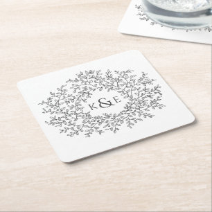 Handgezeichneter Kreis aus Blättern Monogramm-Hoch Rechteckiger Pappuntersetzer