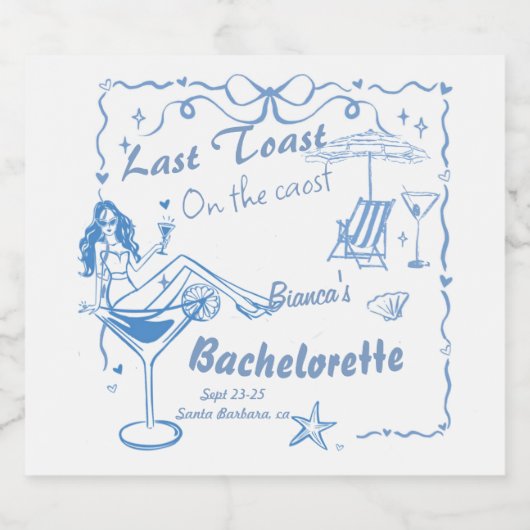 Handgezeichneter letzter Toast an der Küste Bachel Schaumweinetikett (Einzelnes Label)