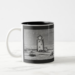 Handgezeichneter Leuchtturm mit Felsen friedliche Zweifarbige Tasse