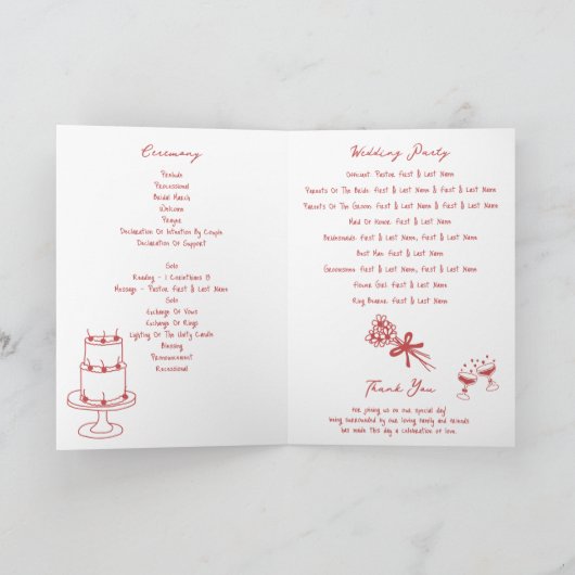 Handgezeichneter Maroon-Hochzeitsorden Programm (Innenseite)