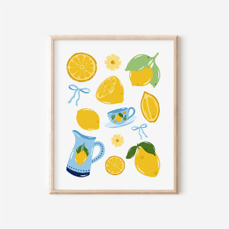 Handgezeichneter mediterraner Zitronen-Collage-Kun Poster