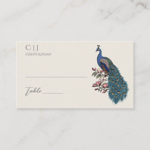 Handgezeichneter Pfau Antikweiß Hochzeit Platzkarte