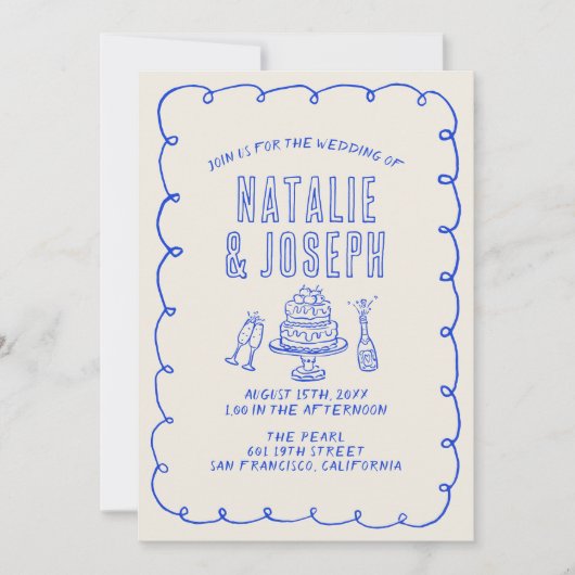 Handgezeichneter Quirky in einer Retro-Hochzeit Einladung (Vorderseite)