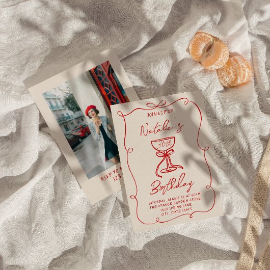 Handgezeichneter Red Bow Martini 30. Foto Geburtst Einladung