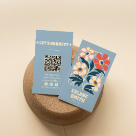 Handgezeichneter Retro Blue QR Code Boho Floral Tr Visitenkarte
