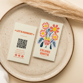 Handgezeichneter Retro farbiger QR-Code floral ein Visitenkarte