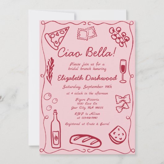 Handgezeichneter Retro Rot Lässig Bridal Brunch Einladung (Vorderseite)