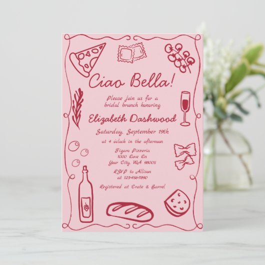 Handgezeichneter Retro Rot Lässig Bridal Brunch Einladung (Stehend Vorderseite)