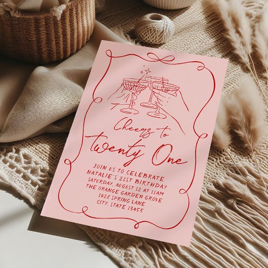 Handgezeichneter rosa Bow jubelt bis 21 Geburtstag Einladung