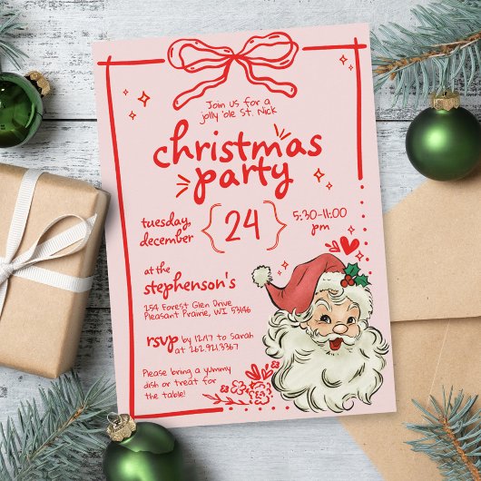 Handgezeichneter Rosa Bow Vintag Weihnachten Einladung