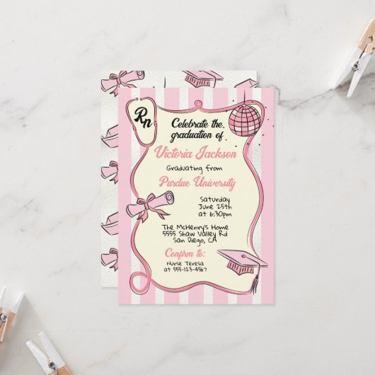 Handgezeichneter rosa medizinischer RN Disco Ball  Einladung (Vorderseite/Rückseite Beispiel)