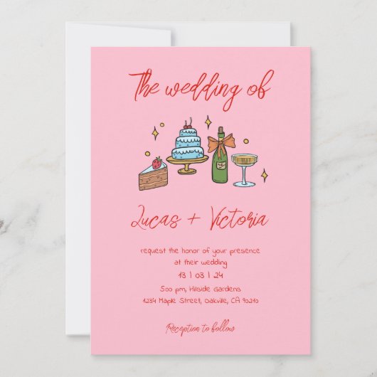 Handgezeichneter rosa Retro Whimsical QR Code Hoch Einladung (Vorderseite)