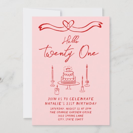 Handgezeichneter rosa Roter Kuchen Hallo 21 Geburt Einladung (Vorderseite)