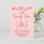 Handgezeichneter rosa Roter Kuchen Hallo 21 Geburt Einladung (Stehend Vorderseite)