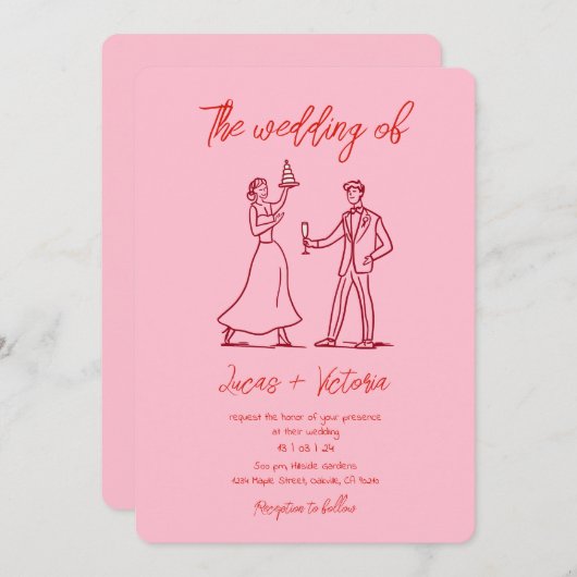 Handgezeichneter rosa und roter weißer QR-Code Hoc Einladung (Vorne/Hinten)