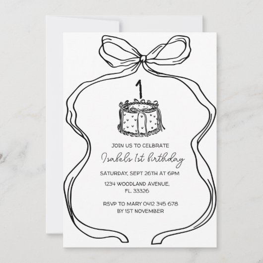 handgezeichneter schwarzer Bow 1. Geburtstag, Vint Einladung (Vorderseite)