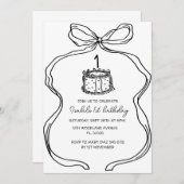 handgezeichneter schwarzer Bow 1. Geburtstag, Vint Einladung (Vorne/Hinten)