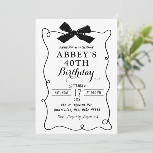 Handgezeichneter Schwarzer Bow Illustrierter Erwac Einladung (Stehend Vorderseite)