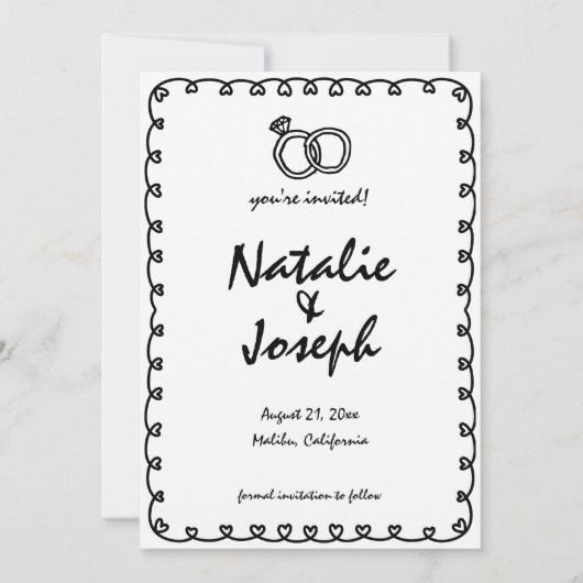 Handgezeichneter schwarzer und weißer Retro-Quirky Save The Date (Rückseite)