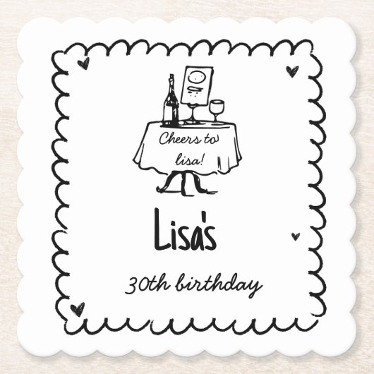 Handgezeichneter Scribble-Cocktail 30., 40. Geburt Untersetzer (Vorderseite)