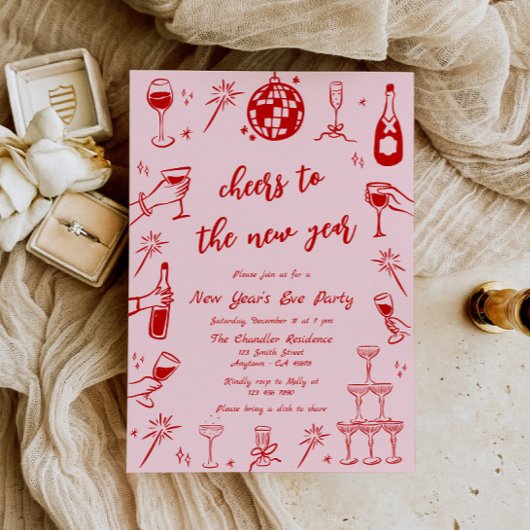 Handgezeichneter Silvester Party Einladung Rosa