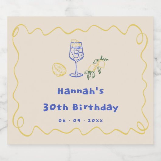 Handgezeichneter Sommererult 30. Geburtstag Schaumweinetikett (Einzelnes Label)