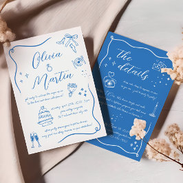Handgezeichneter Spaß Doodle White Blue Wedding Einladung