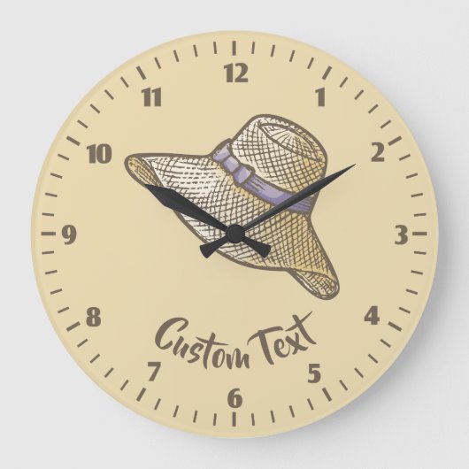 Handgezeichneter Strohhut Beige Große Wanduhr (Vorderseite)