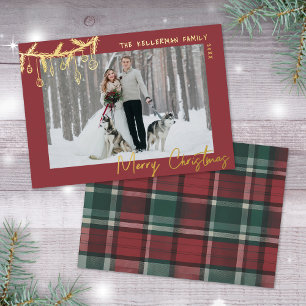 Handgezeichneter Tartan Rot Gold Frohe Weihnachten Folien Feiertagskarte