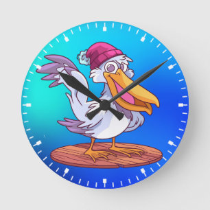Handgezeichneter Weihnachts-Pelikan-Cartoon Runde Wanduhr