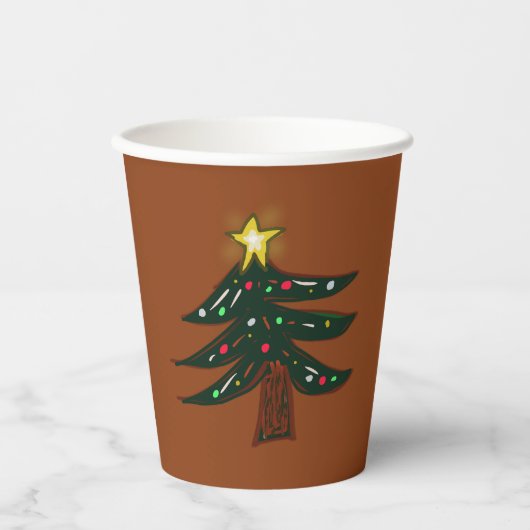 Handgezeichneter Weihnachtsbaum Braun  Pappbecher (Vorderseite)