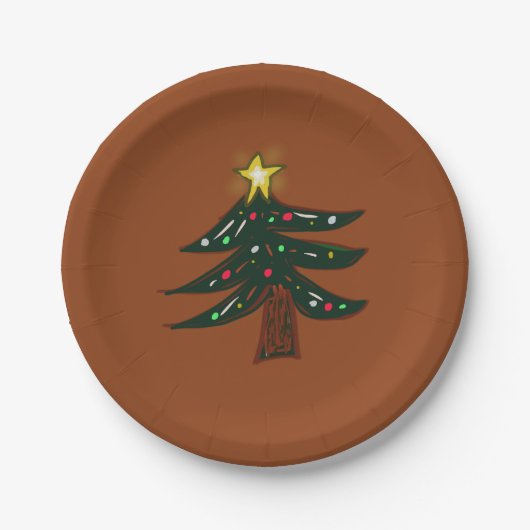 Handgezeichneter Weihnachtsbaum Braun  Pappteller (Vorderseite)