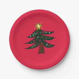 Handgezeichneter Weihnachtsbaum Rot Pappteller