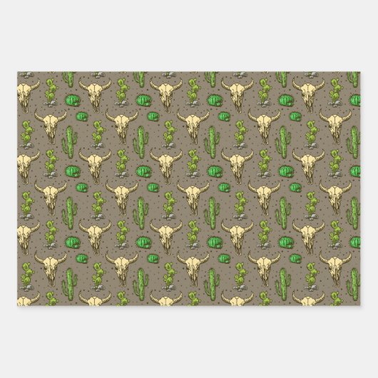 Handgezeichneter Western Bull Skull Wüste Kaktus P Geschenkpapier Set (Vorderseite 2)