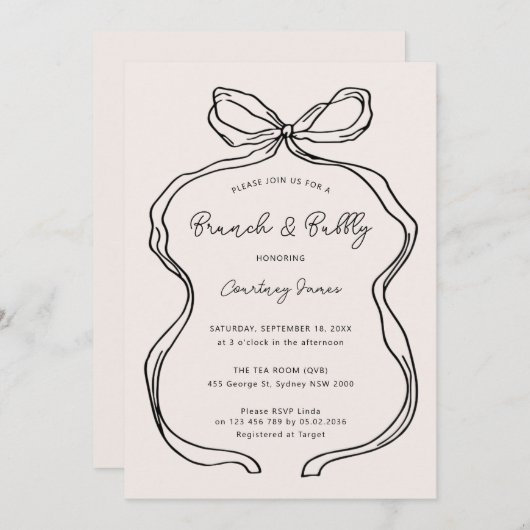 Handgezeichneter Whimsical Ribbon Brunch und Bubbl Einladung (Vorne/Hinten)