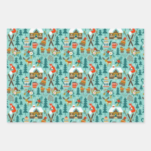 Handgezeichneter Winter Skiing Wilde Tiere Naturge Geschenkpapier Set (Vorderseite 2)