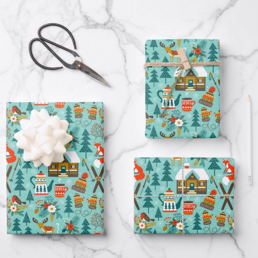Handgezeichneter Winter Skiing Wilde Tiere Naturge Geschenkpapier Set (Vorderseite)