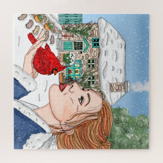 Handgezeichneter Wintertag, englische Hütte Puzzle (Horizontal)