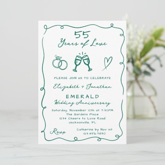 Handgezeichnetes 55-jähriges Party zum Hochzeitsta Einladung (Stehend Vorderseite)
