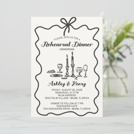 Handgezeichnetes Abendessen bei Hochzeitsfeier Pro Einladung (Stehend Vorderseite)