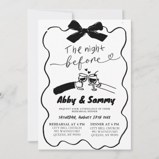 Handgezeichnetes Black Bow Couple Toast Probe Dinn Einladung (Vorderseite)