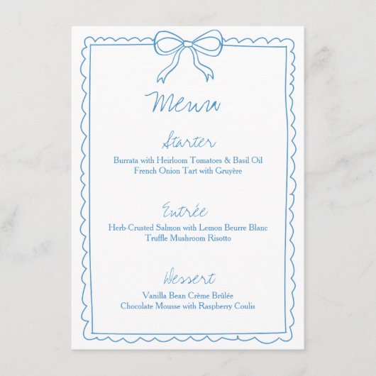 Handgezeichnetes blaues Bow-Sketch-Brautparty Menükarte (Vorderseite)
