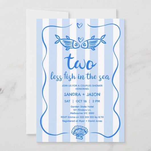 Handgezeichnetes blaues Brautparty weniger Fisch P Einladung (Vorderseite)
