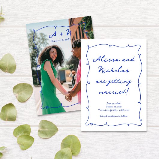 Handgezeichnetes blaues Foto Monogramm Hochzeit Save The Date