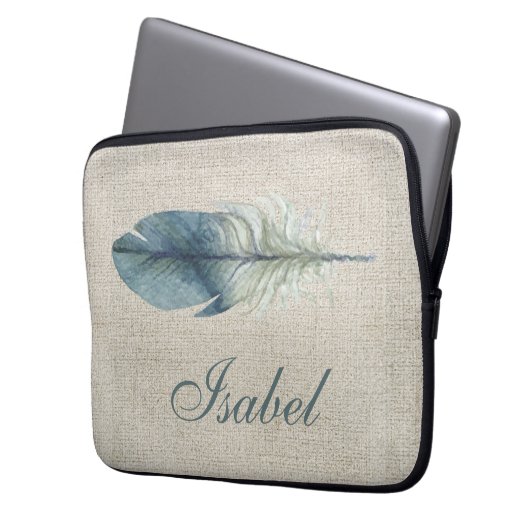Handgezeichnetes blaues graues Aquarellfederhellbe Laptopschutzhülle (Vorderseite Links)