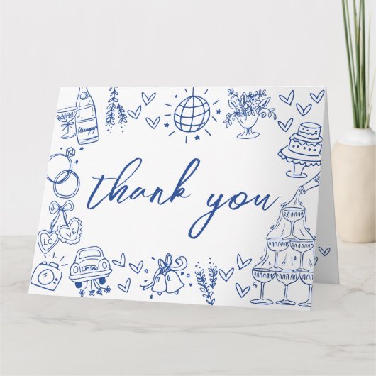 Handgezeichnetes blaues weißes Brautparty Dankeskarte (Vorderseite)