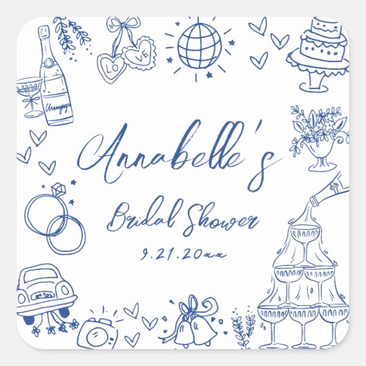Handgezeichnetes blaues weißes Brautparty Quadratischer Aufkleber (Vorderseite)