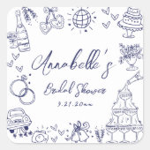 Handgezeichnetes blaues weißes Brautparty Quadratischer Aufkleber (Vorderseite)